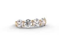 A video of a five stone diamond wedding ring that changes in color from white metal, to yellow, to rose gold on a white background.
