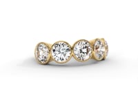 A video of a five stone diamond wedding ring that changes in color from white metal, to yellow, to rose gold on a white background.