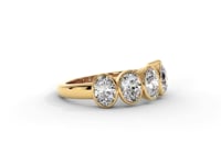 A video of a five stone diamond wedding ring that changes in color from white metal, to yellow, to rose gold on a white background.