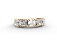 A video of a five stone diamond wedding ring that changes in color from white metal, to yellow, to rose gold on a white background.