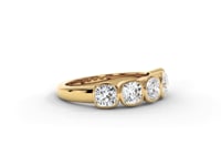 A video of a five stone diamond wedding ring that changes in color from white metal, to yellow, to rose gold on a white background.