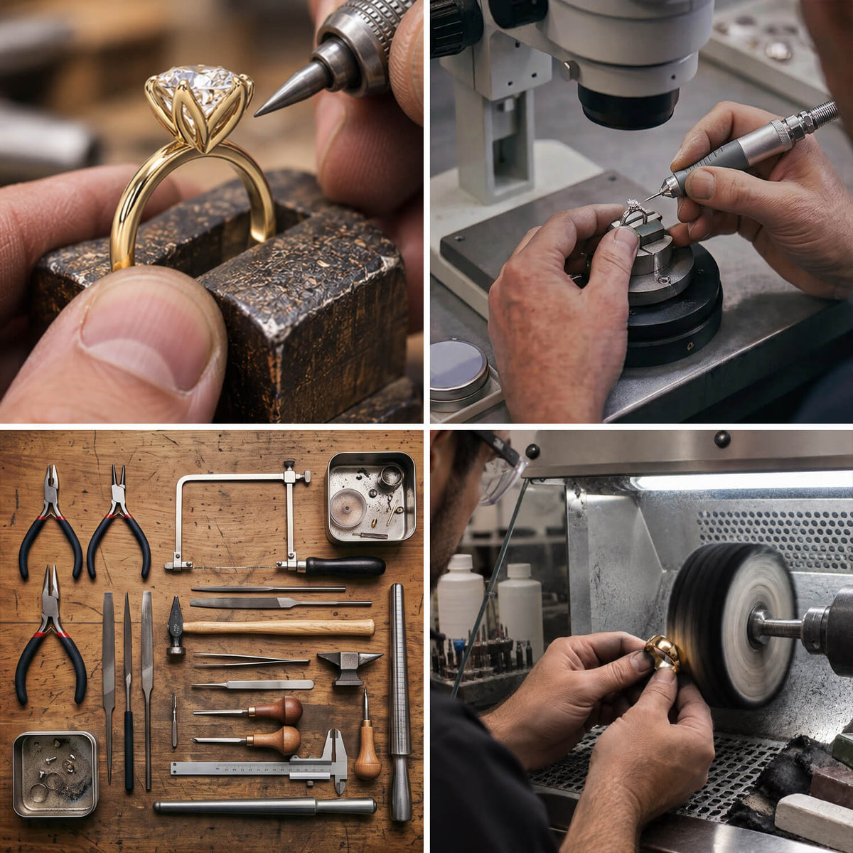 Four-panel collage showing jewelry making: a ring held in a jeweler's vise, hands using a microscope and drill tool, a set of hand tools laid out on a wooden workbench, and a jeweler sharpening a ring on a lathe.