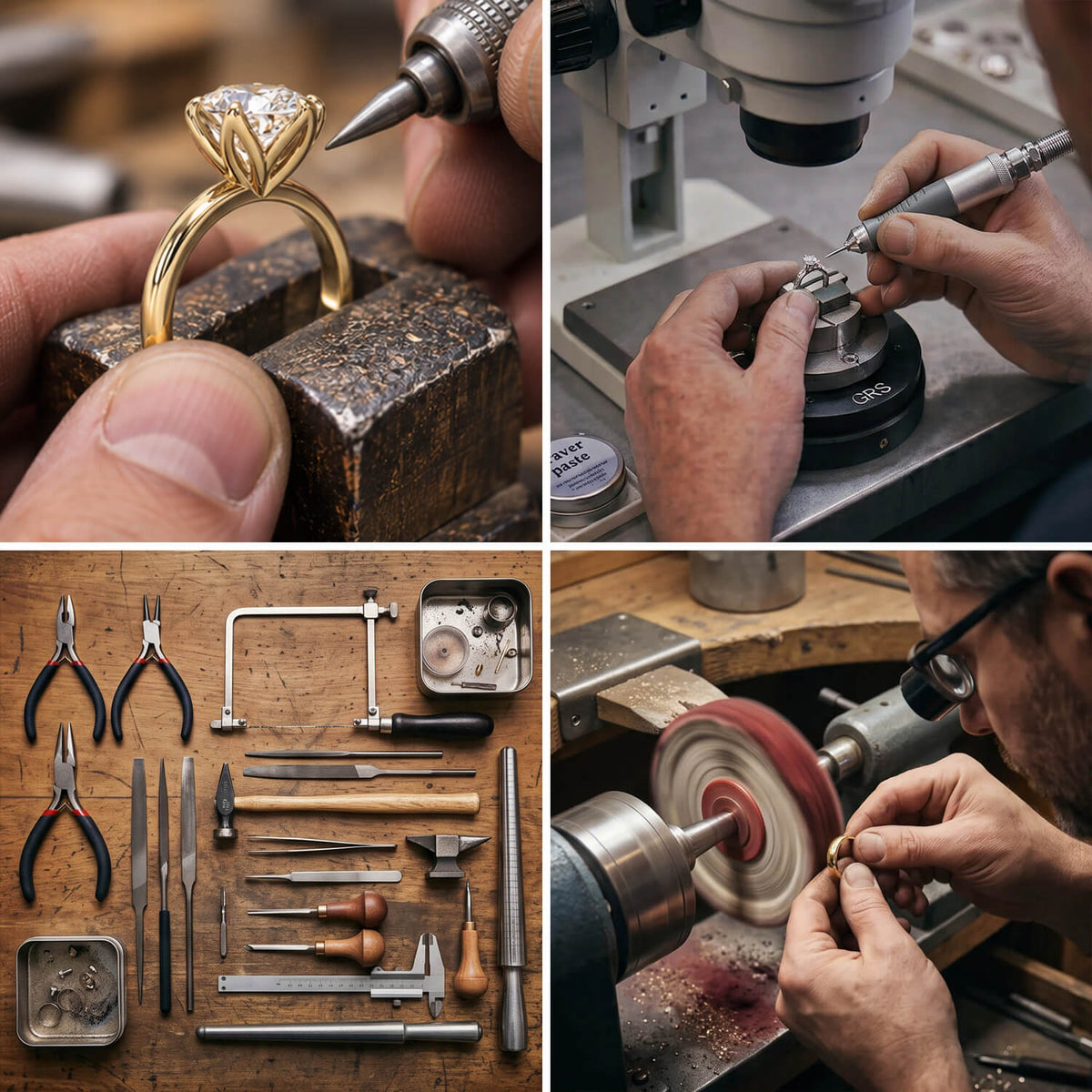 Four-panel collage showing jewelry making: a ring held in a jeweler's vise, hands using a microscope and drill tool, a set of hand tools laid out on a wooden workbench, and a jeweler sharpening a ring on a lathe.