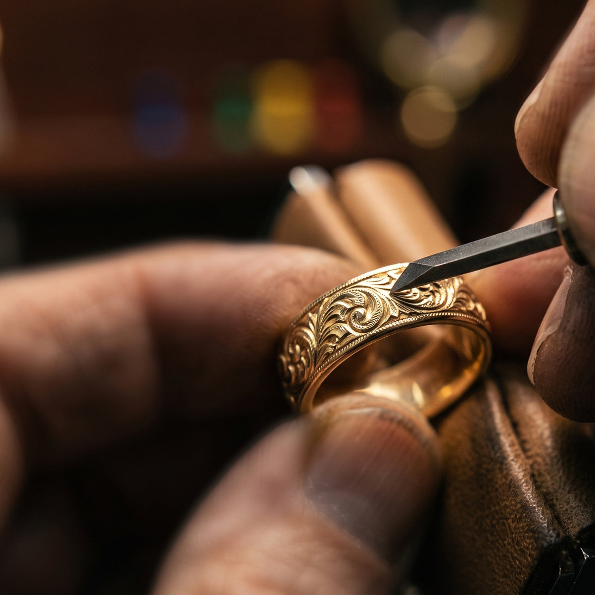A close-up of a gold ring being engraved by a master engraver.