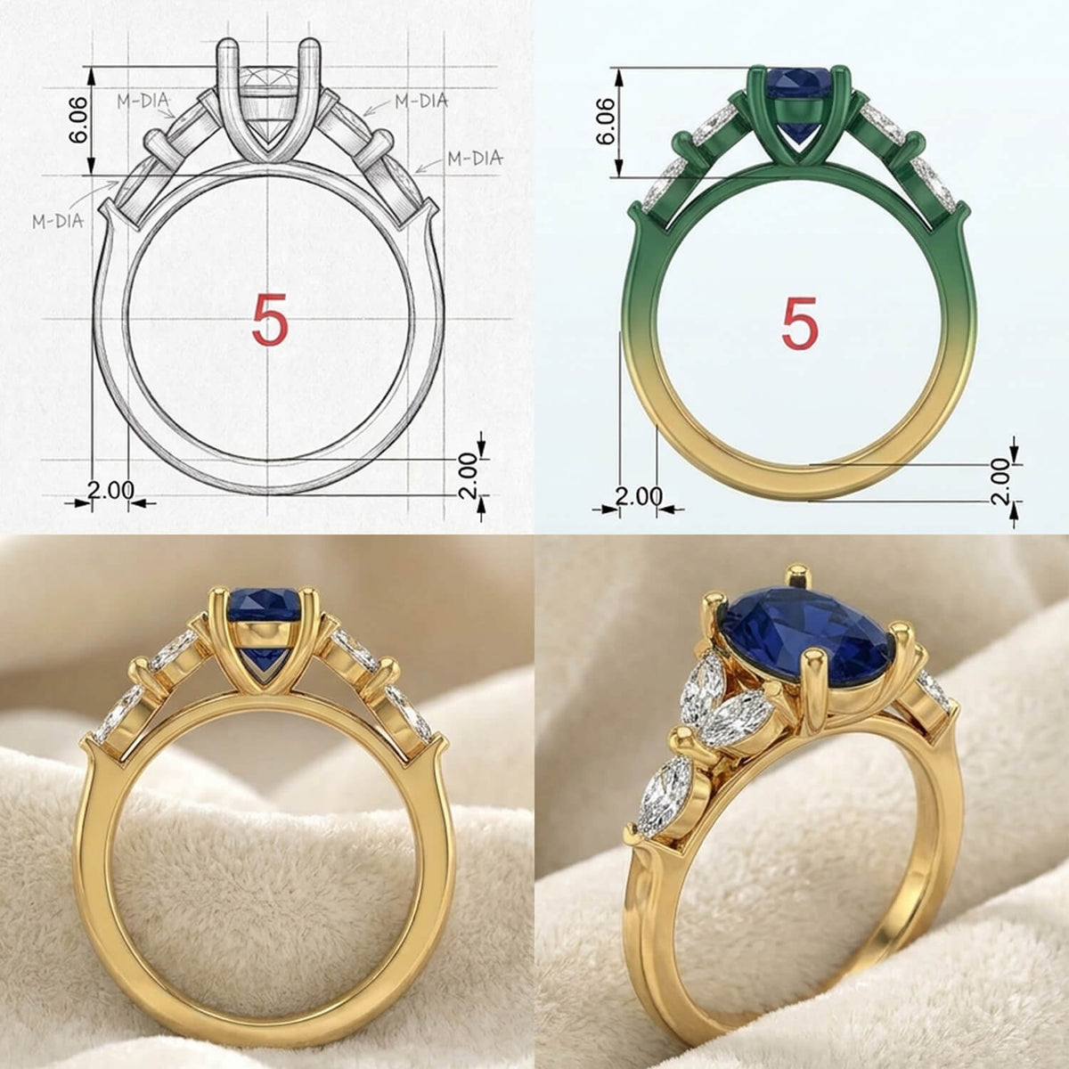 A four-panel product graphic showing four stages of custom jewelry design. The top-left panel is a technical measurement diagram of an engagement ring, while the bottom-left and bottom-right panels show front and angled views of the ring on a soft cream surface.