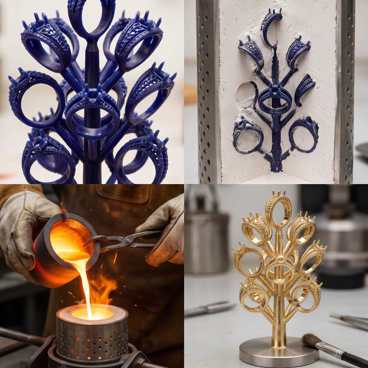 A four panel image showing multiple steps involved in casting jewelry in 14kt yellow gold.