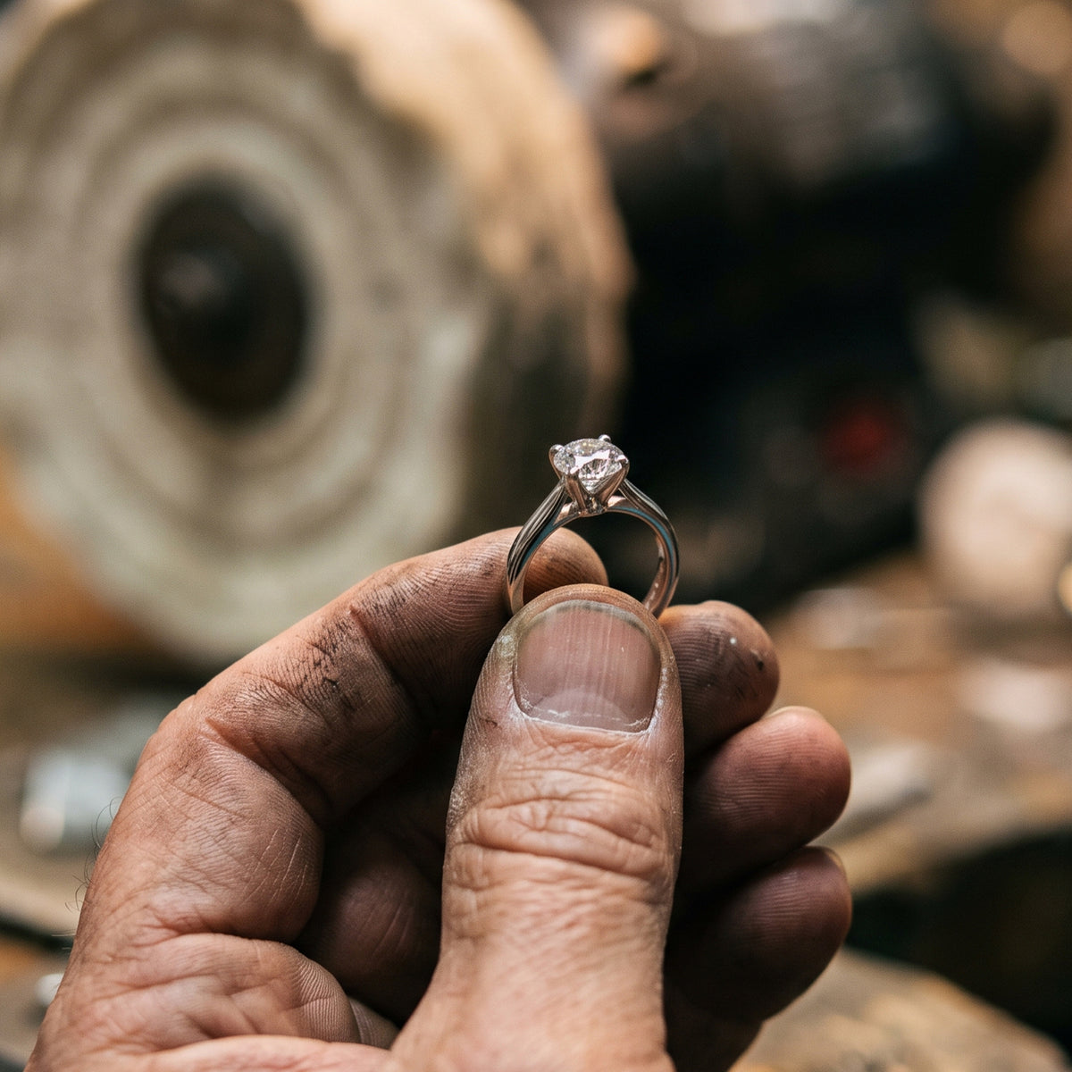 A close-up of a polisher holding a 14kt white gold solitaire ring with a round diamond center stone, set against a blurred workshop background with wood and tools.
