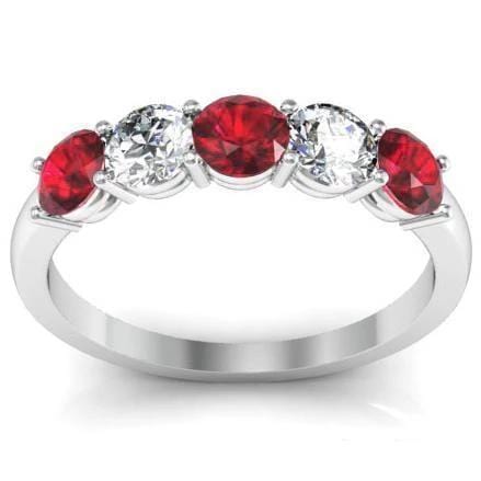 1.00cttw Shared Prong Ruby and Diamond 5 Stone Ring Five Stone Rings deBebians 