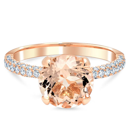 Three Sided Pave Diamond Ring With Round Morganite Rose Gold & Morganite Engagement Rings deBebians 