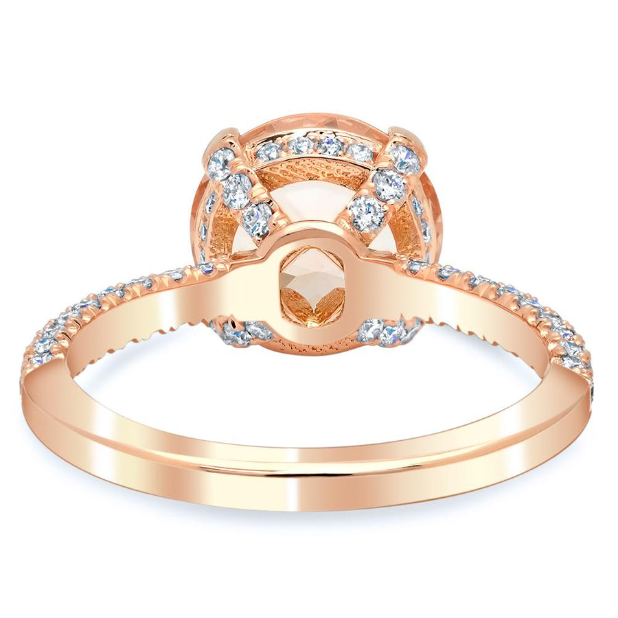 Three Sided Pave Diamond Ring With Round Morganite Rose Gold & Morganite Engagement Rings deBebians 