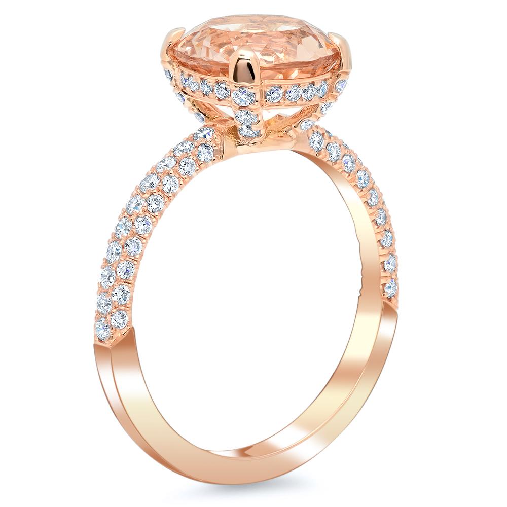 Three Sided Pave Diamond Ring With Round Morganite Rose Gold & Morganite Engagement Rings deBebians 