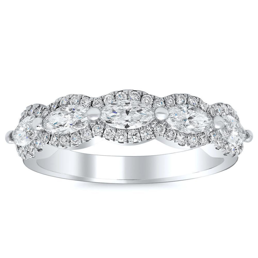 Five Stone Marquise Diamond Halo Wedding Ring in 18kt White Gold Ready-To-Ship deBebians 