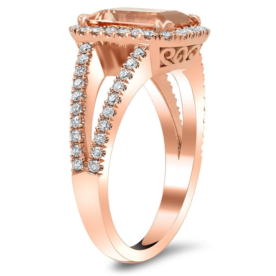 Rose Gold Split Shank Emerald Morganite Halo Engagement Ring Rose Gold & Morganite Engagement Rings deBebians 