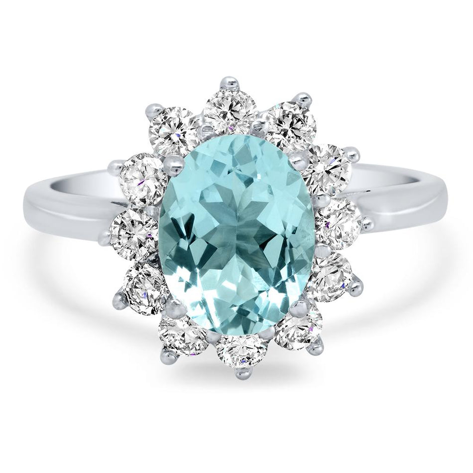 Oval Aquamarine and Diamond Halo Engagement Ring Ready-To-Ship deBebians 