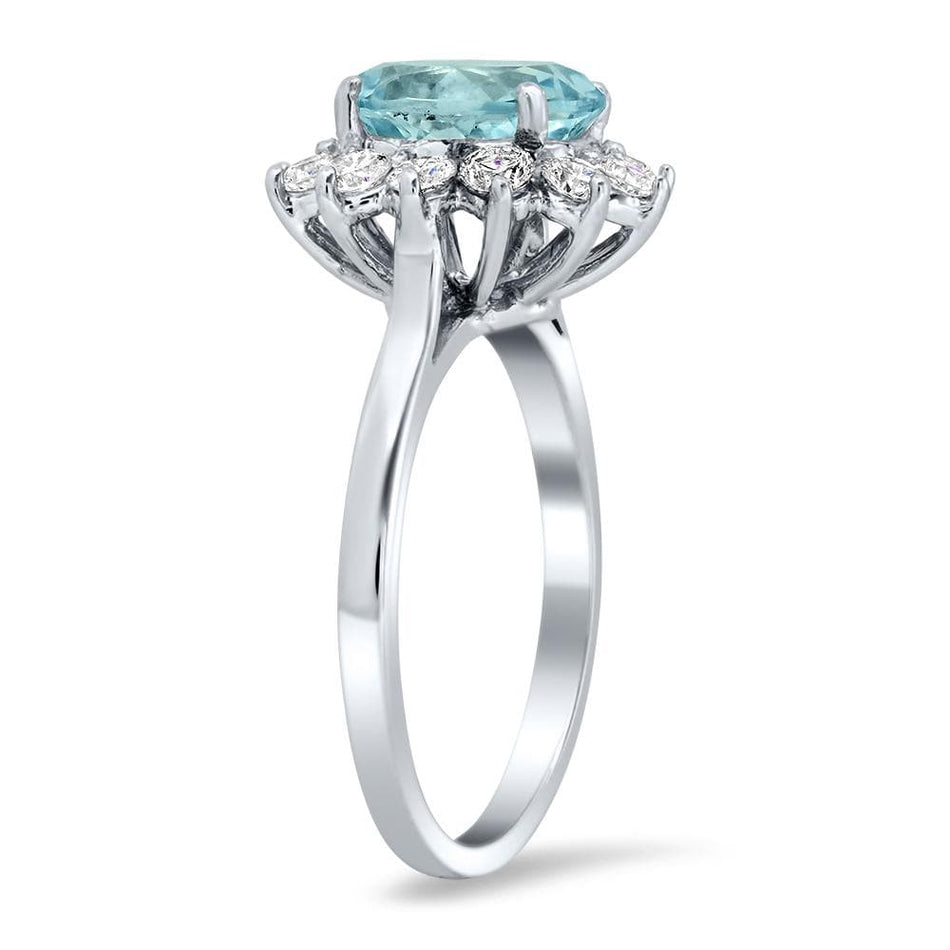 Oval Aquamarine and Diamond Halo Engagement Ring Ready-To-Ship deBebians 