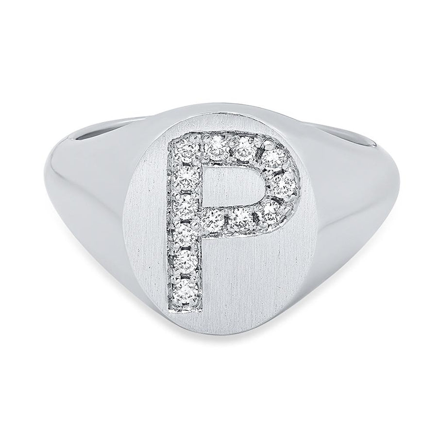 Oval Signet Ring with Diamond Initial - 12mm x 10mm Signet Rings deBebians 