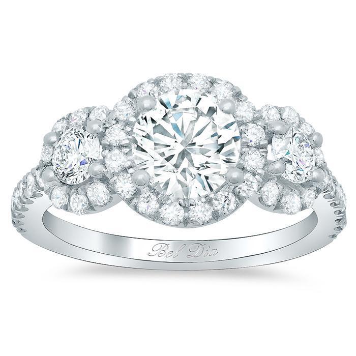 Round Halo Three Stone Ring Halo Engagement Rings deBebians 