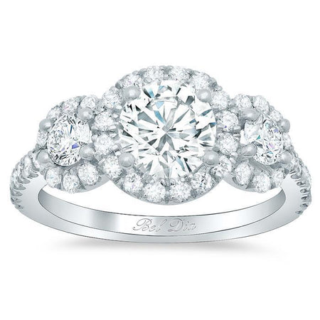 Round Halo Three Stone Ring Halo Engagement Rings deBebians 