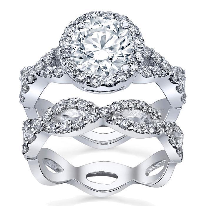 Halo Ring Twisted Split Shank and Matching Infinity Wedding Band Bridal Sets deBebians 