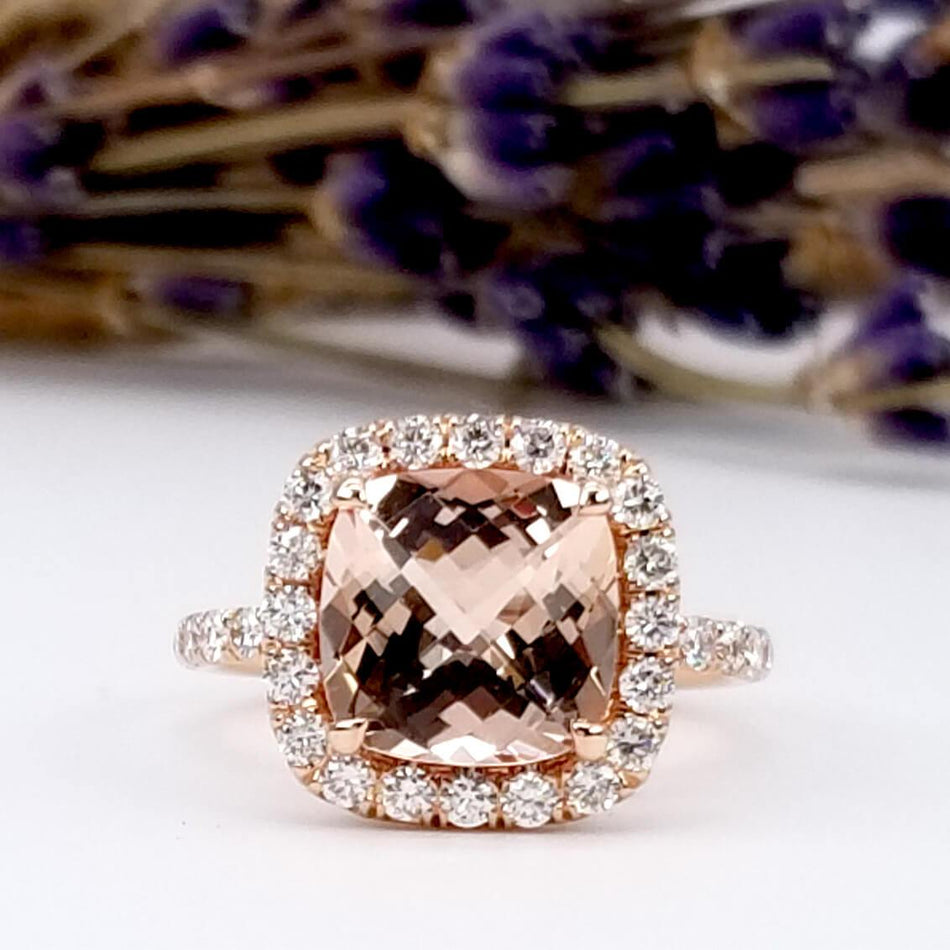 Cushion Morganite Halo Rose Gold Engagement Ring