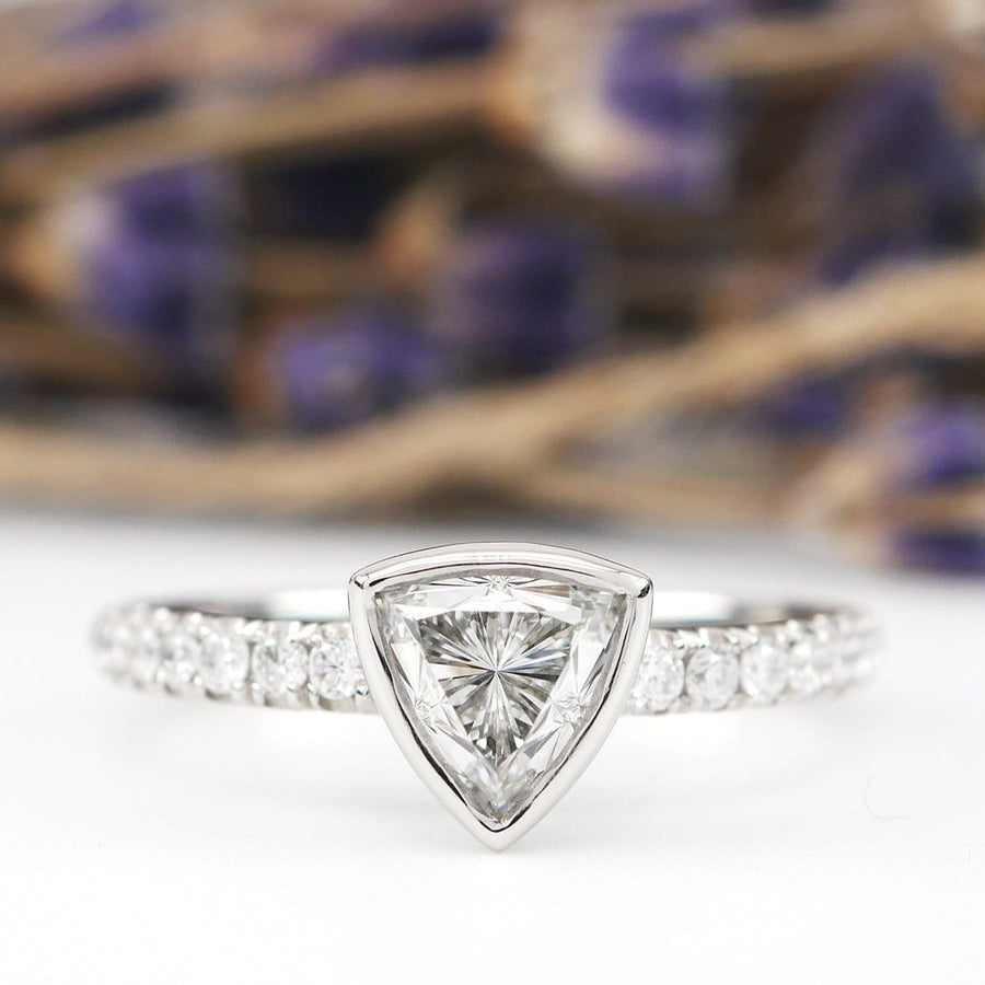 Bezel Set Diamond Engagement Ring with Pave Diamond Band Diamond Accented Engagement Rings deBebians 
