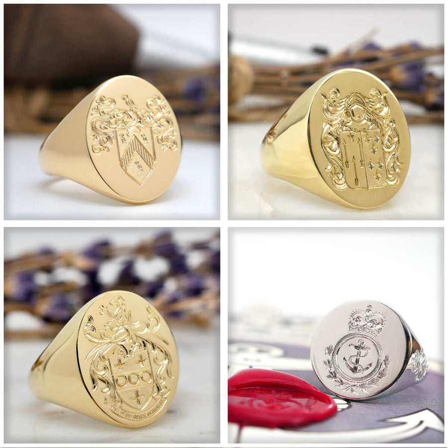 Anneaux de signature ovale en or jaune 9 ct en or jaune votre gravure Anneaux de signature ovale en or jaune 9 ct en or jaune votre gravure