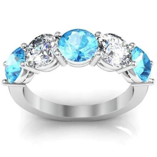 3.00cttw Shared Prong Aquamarine and Diamond Five Stone Ring Five Stone Rings deBebians 