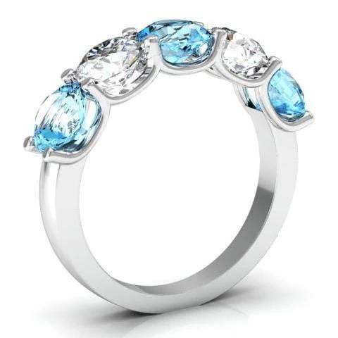 3.00cttw U Prong Aquamarine and Diamond 5 Stone Ring Five Stone Rings deBebians 