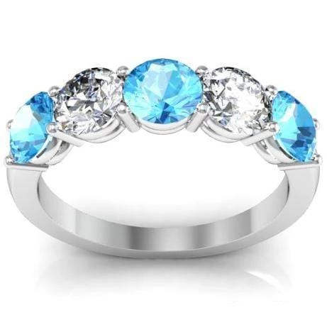 2.00cttw Shared Prong 5 Stone Ring with Diamond and Aquamarine Five Stone Rings deBebians 