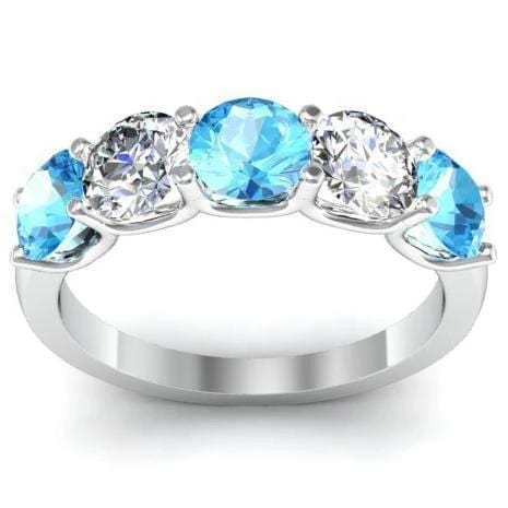 2.00cttw U Prong Diamond and Aquamarine Five Stone Ring Five Stone Rings deBebians 