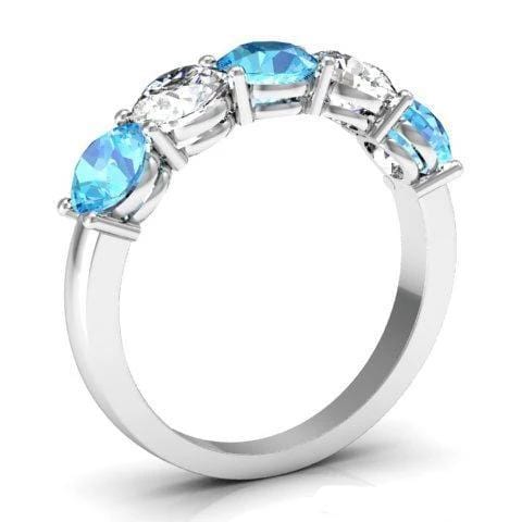 2.00cttw Shared Prong 5 Stone Ring with Diamond and Aquamarine Five Stone Rings deBebians 
