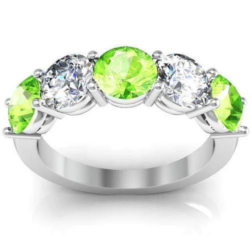 3.00cttw Shared Prong 5 Stone Ring with Peridot and Diamonds Five Stone Rings deBebians 