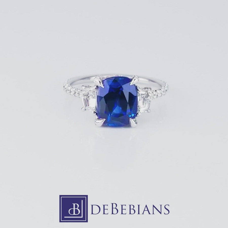 Cushion Blue Sapphire and Diamond Three Stone Ring