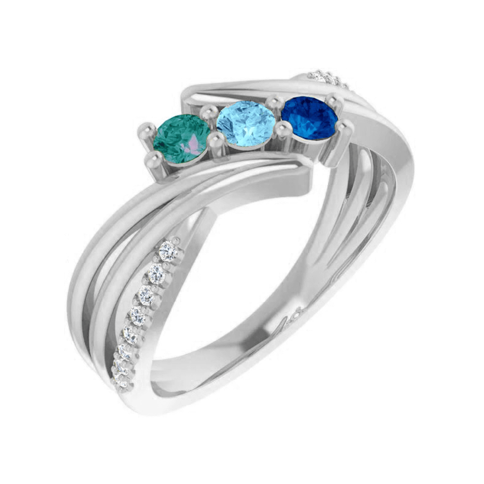 14k Mother's Ring with Three Round Cut Birthstones & Diamonds