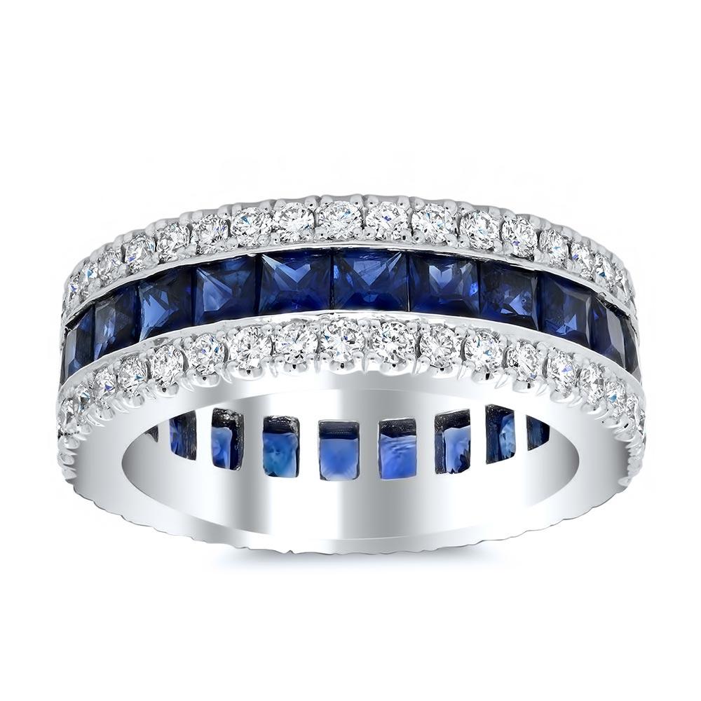 Sapphire or Ruby Baguette Eternity Ring with Pave Accents Gemstone Eternity Rings deBebians 14k White Gold Blue Sapphire 