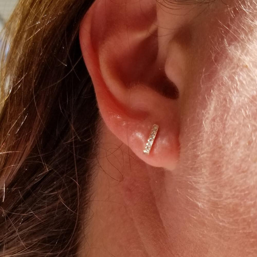 14k Gold Small Bar Drop Pave Diamond Earrings Earrings deBebians 
