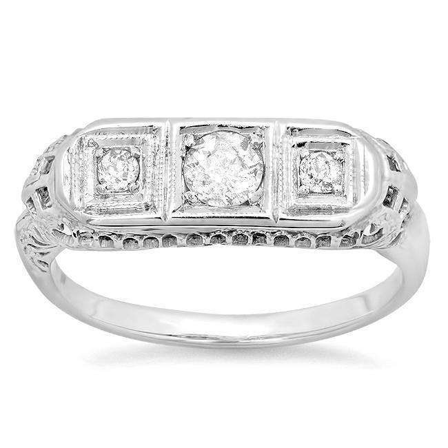 Three Stone Art Deco Engagement Ring 0.40cttw 14kt White Gold Ready-To-Ship deBebians 