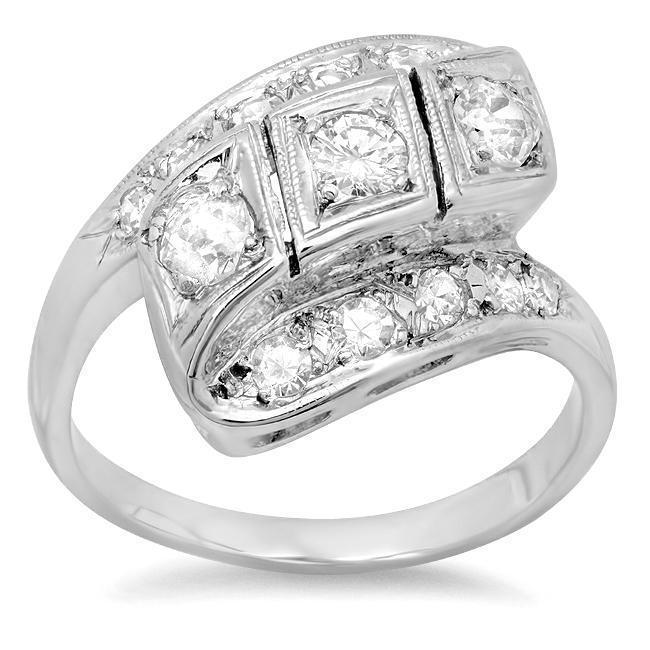 Antique Style Bypass Diamond Ring 14kt White Gold 0.85cttw Ready-To-Ship deBebians 