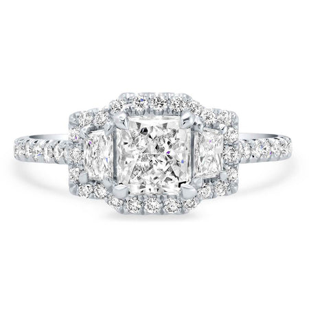 GIA Certified Radiant Cut Diamond Three Stone Halo Engagement Ring Ready-To-Ship deBebians 