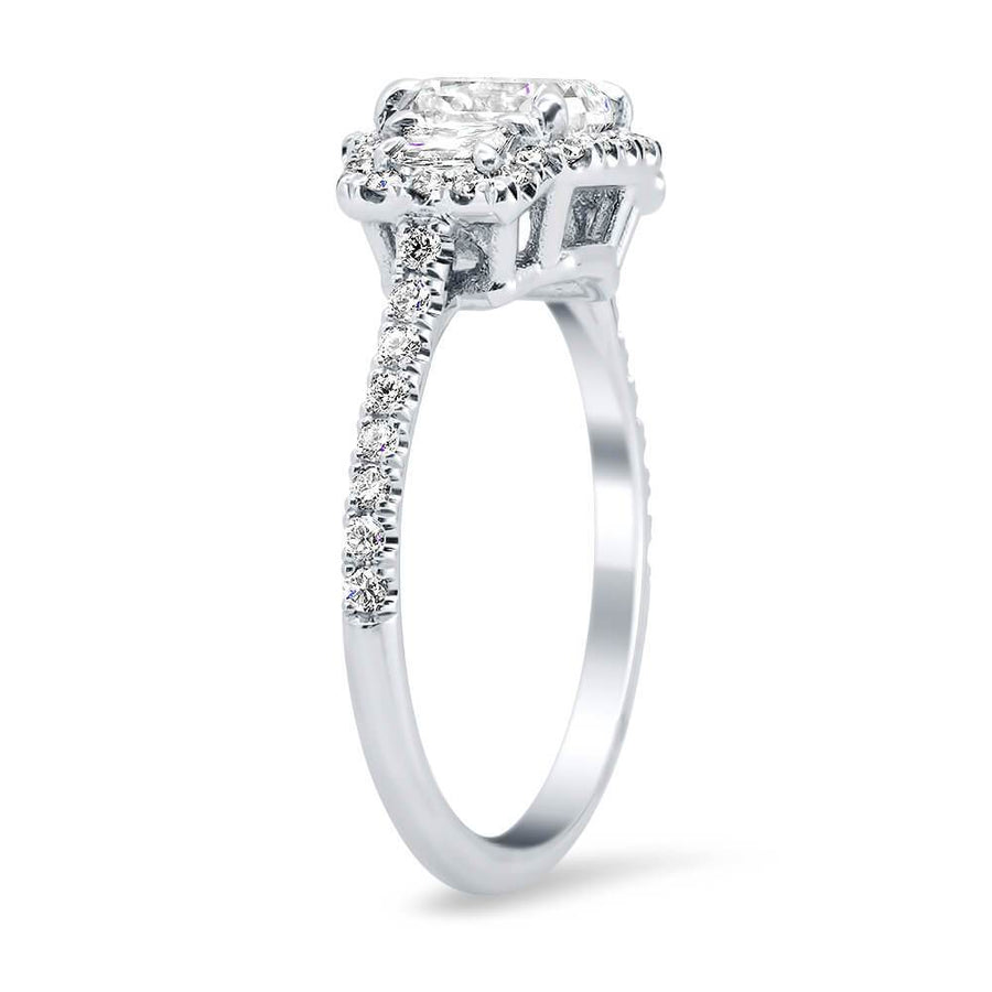 GIA Certified Radiant Cut Diamond Three Stone Halo Engagement Ring Ready-To-Ship deBebians 