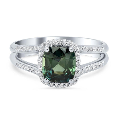 Green Sapphire Cushion Cut Diamond Halo Engagement Ring Ready-To-Ship deBebians 