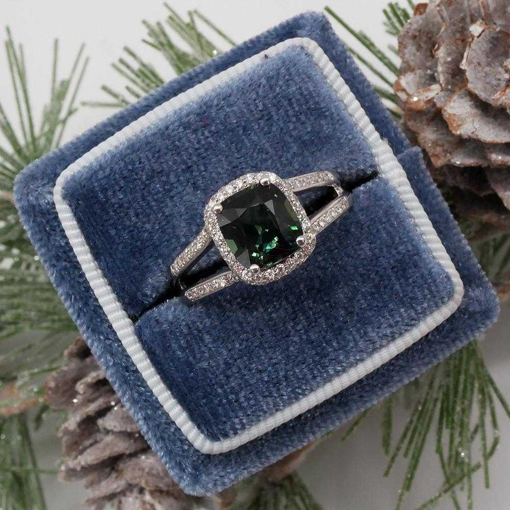 Green Sapphire Cushion Cut Diamond Halo Engagement Ring Ready-To-Ship deBebians 