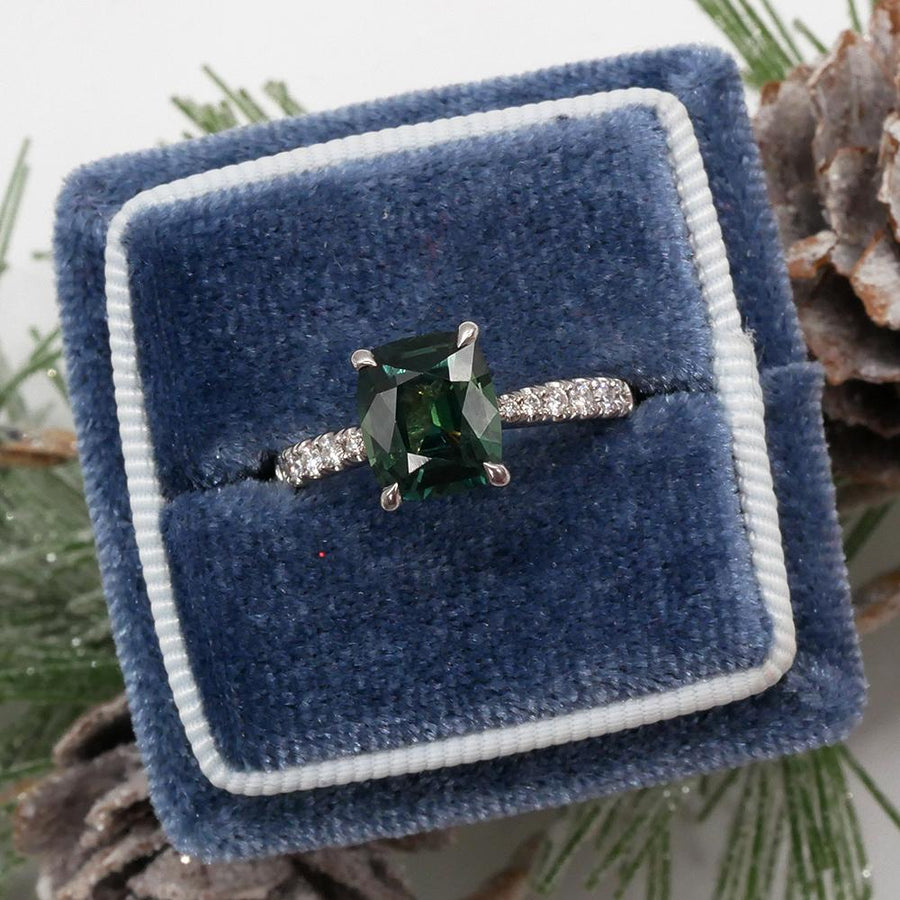 Peacock Sapphire Cushion Cut Diamond Ring Ready-To-Ship deBebians 
