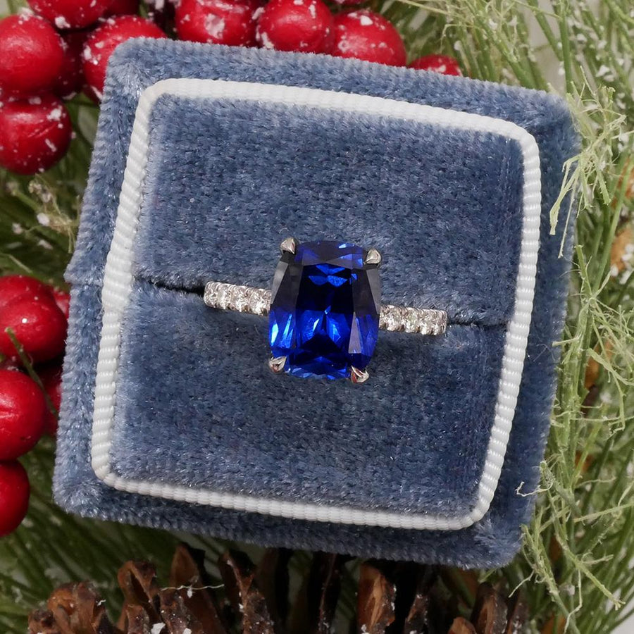 Lab Created Blue Sapphire & Diamond Engagement Ring Ready-To-Ship deBebians 