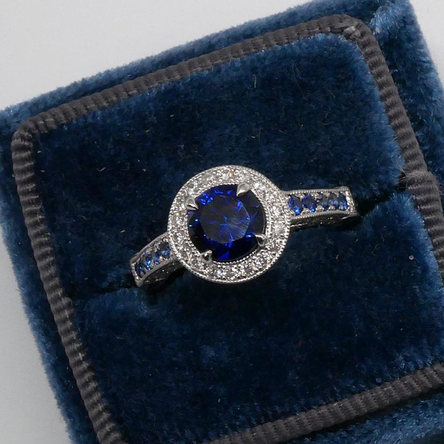Lab Created Blue Sapphire and Diamond Ring 14kt White Gold Ready-To-Ship deBebians 