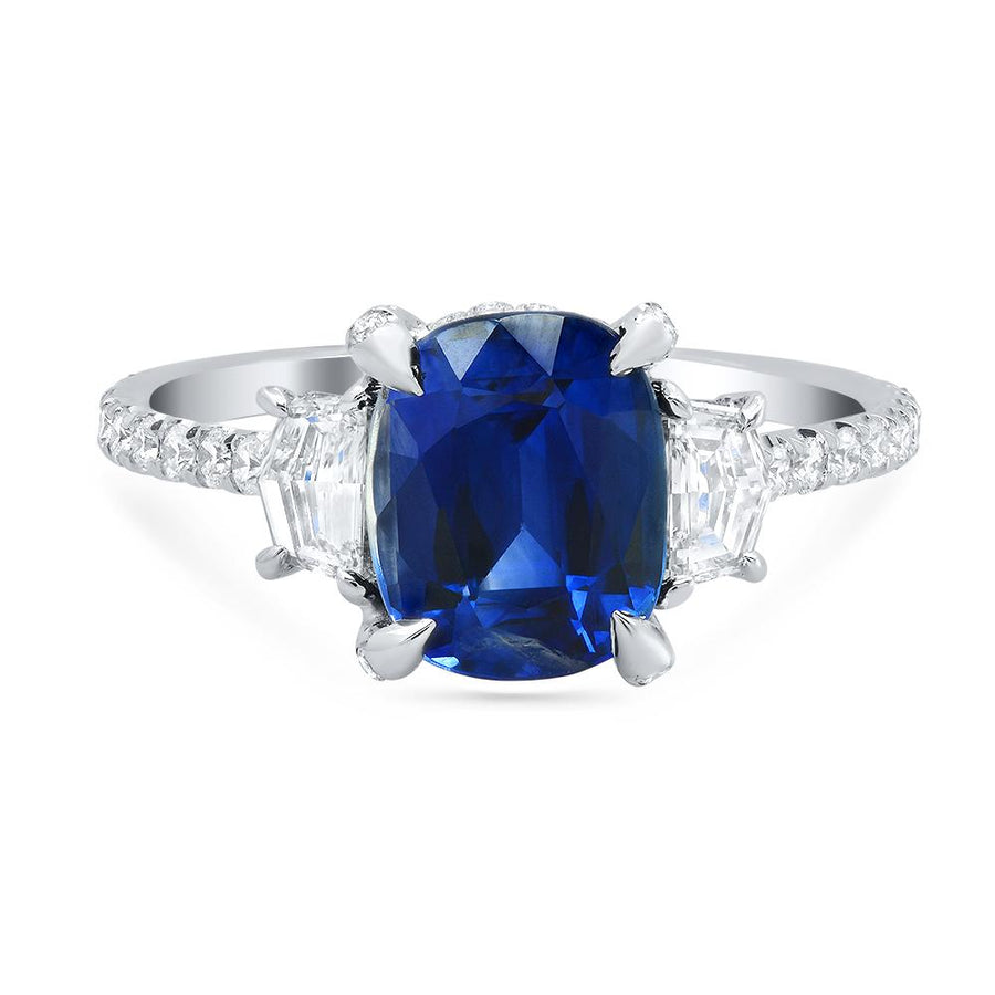 Cushion Blue Sapphire and Diamond Three Stone Ring Ready-To-Ship deBebians 