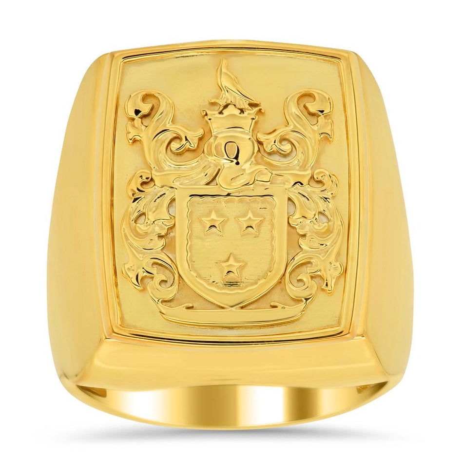 Raised Family Crest Signet Ring - Shown in Yellow Gold