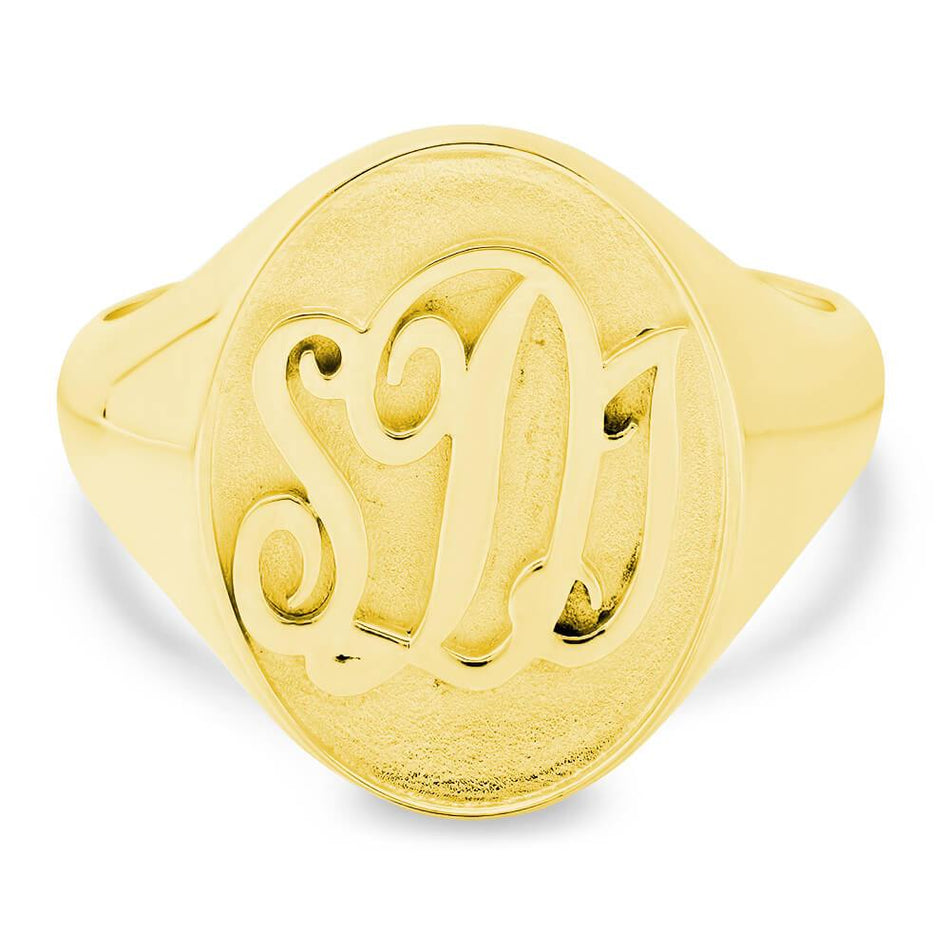 Raised Initial Monogram Mens Signet Ring - Shown in Yellow Gold, Front View