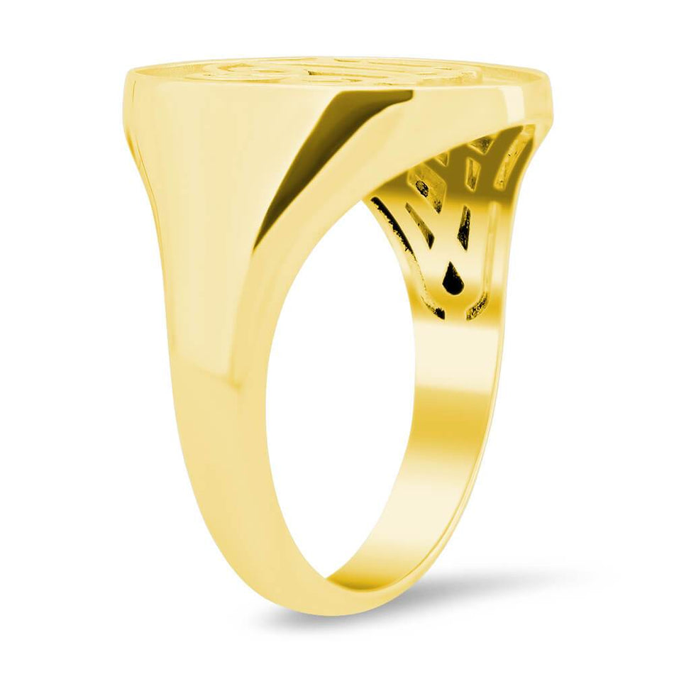 Raised Initial Monogram Mens Signet Ring - Shown in Yellow Gold, Side View