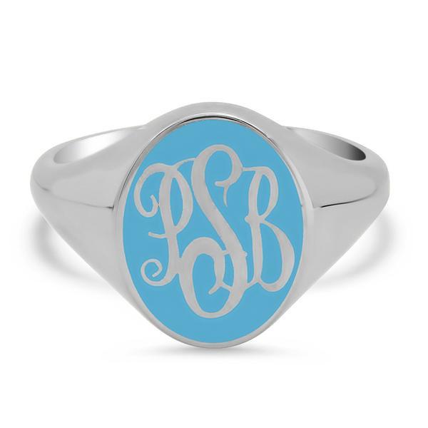 Classic Signet Ring with Blue Enamel Accented Monogram